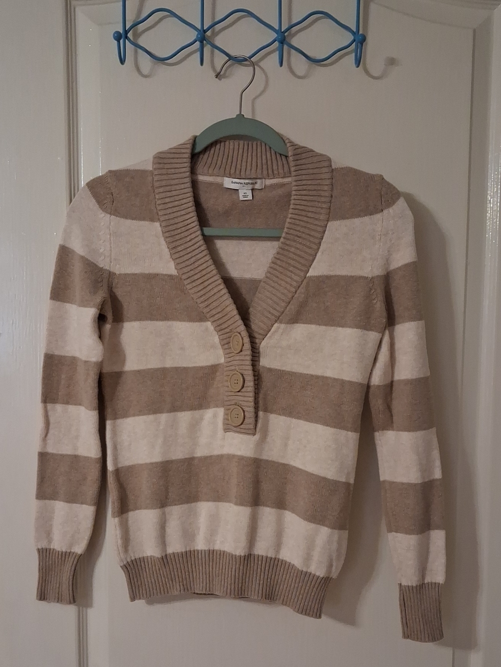Banana Republic Striped V-Neck Cardigan in Beige and Cream